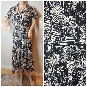 Talbots Linen Cotton Button Front Dress Midi Maxi Black White Tropical 12 Petite